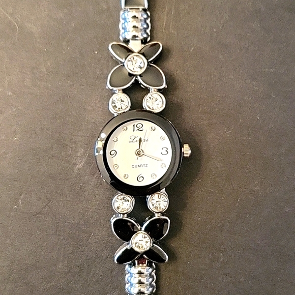 Floral Silver-tone & Black Enamel Watch with Sparkling Crystals! - Picture 4 of 14